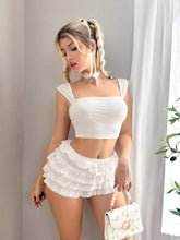 Women Y2K Style Lace Trim Camisole Top And Tiered Ruffle Hem Shorts Set For Summer